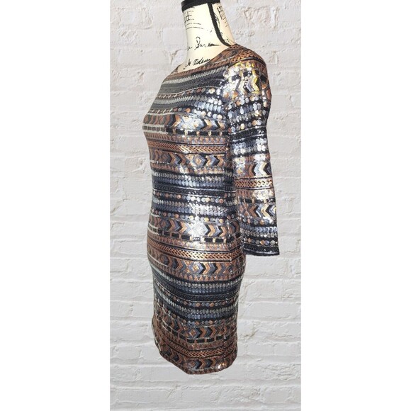 Glamorous Small Black Gold Silver Sequin Mini Dress Boat Neck Party Disco - Picture 1 of 5